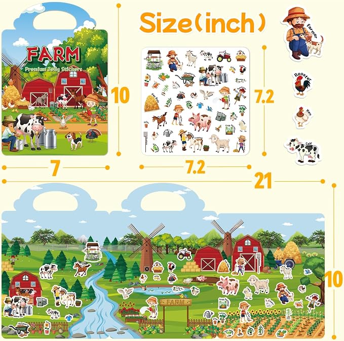 Reusable Sticker Book for Toddlers 3-6, Jelly Stickers for Kids, Sticker Activity Book Travel Toys, Car & Airplane, Educational Learning Gifts for Boys and Girls Ages (Farm Theme)