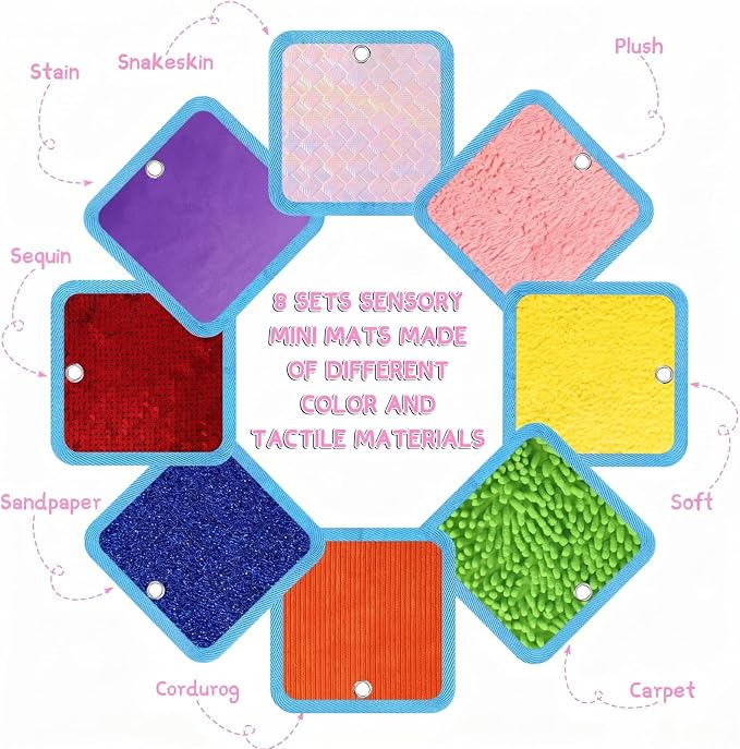 Boao 8 Set Mini Sensory Mats Assorted Textured Play Mats Sensory Floor Tiles Educational Tactile Toys for Activity(4 Inch,Square)