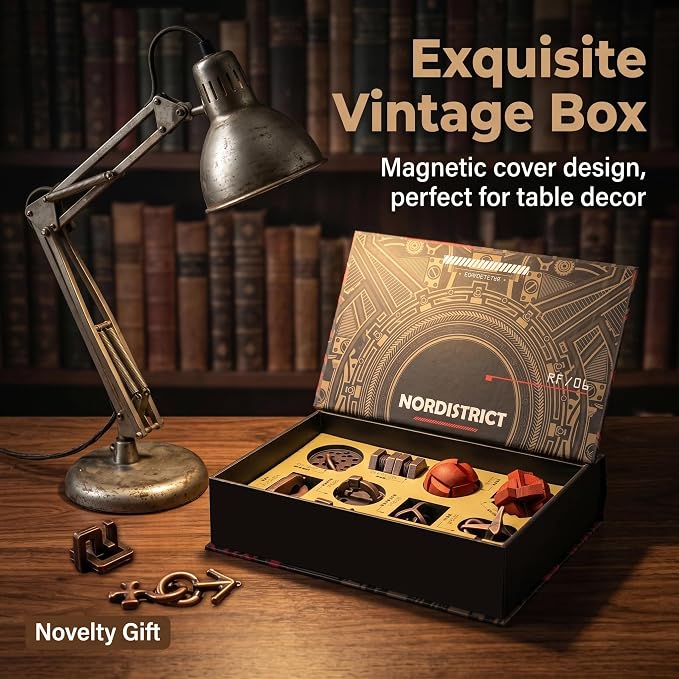 10Pcs Vintage Metal Wood Brain Teaser Puzzle Set,Interlocking 3D IQ Logic Game with Magnetic Gift Box,Difficulty 2.5-6 Desk Decor Gift for Adults Teens Birthday Christmas