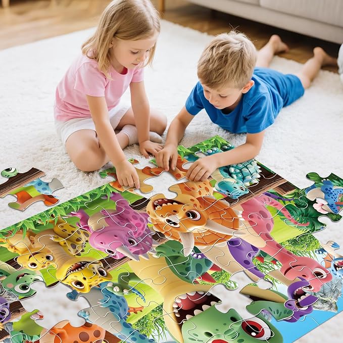 Jumbo Floor Puzzle for Kids,48 Piece Cartoon Dino Jigsaw Puzzle Ages 3-8 | Dinosaur Theme,Extra-Large Thick Pieces Fit Little Hands,35x24 in Completed，Preschool Gift for Boys and Girls Ages 3-8