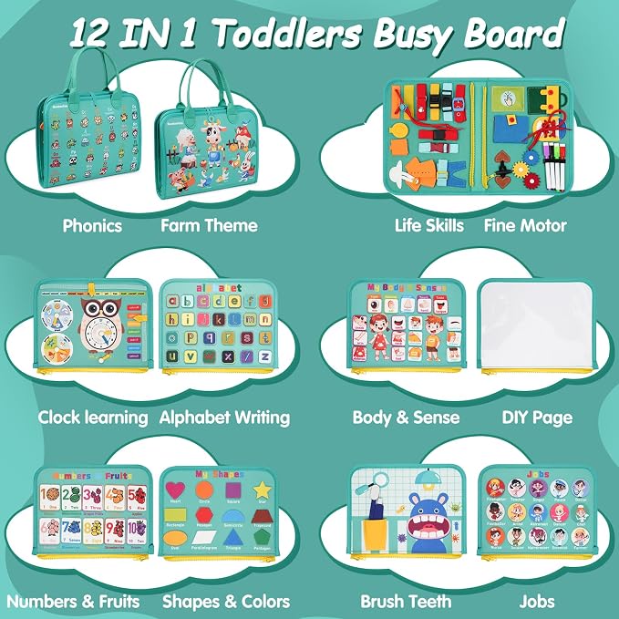 Montessori Busy Board - Sensory Learning Toys for Toddlers 3-6 Years-10 Pages-32 Activities, Airplane Car Travel Educational Toys for Autism, 3 Years Boy Birthday Gift (Cyan)