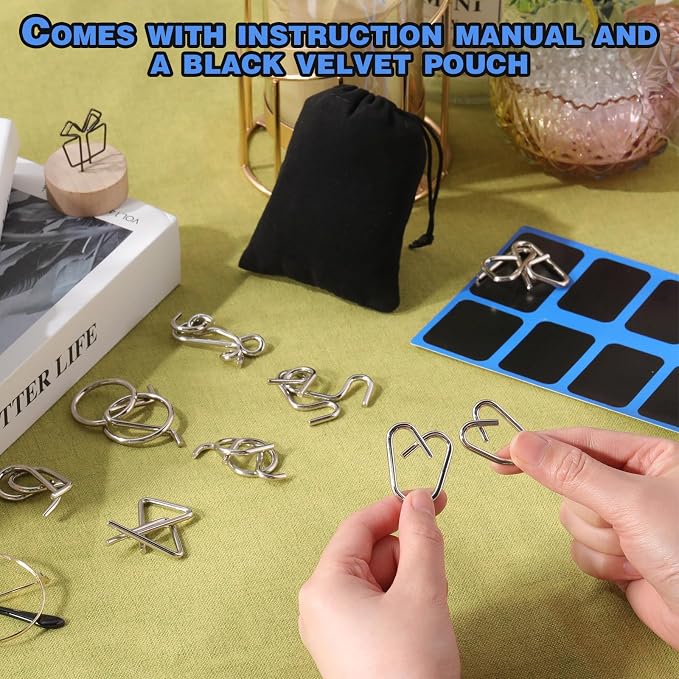 8 Pack Brain Teaser Puzzles Metal Wire Ring with Pouch,C Style | IQ Test Disentanglement Unlock Challenge, Portable Storage Pouch, Mind-bending Interlock Game for Party Favor Entertainment