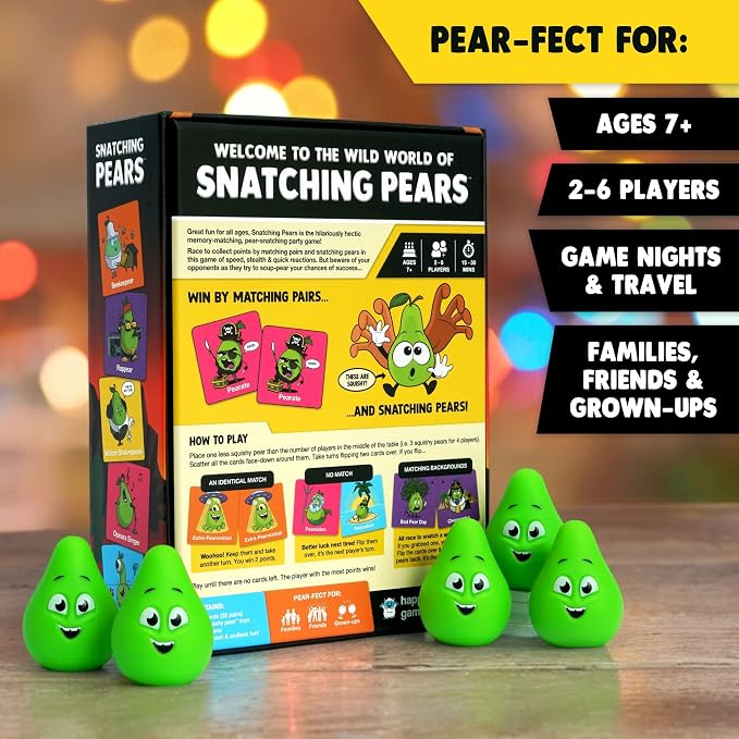 SNATCHING PEARS – The Hilarious Memory-Matching, Pear-Snatching Card Game | An award-winning, adrenaline-filled board game the whole family will love. Stuffed with pear-puns & squishy pears! Ages 7+