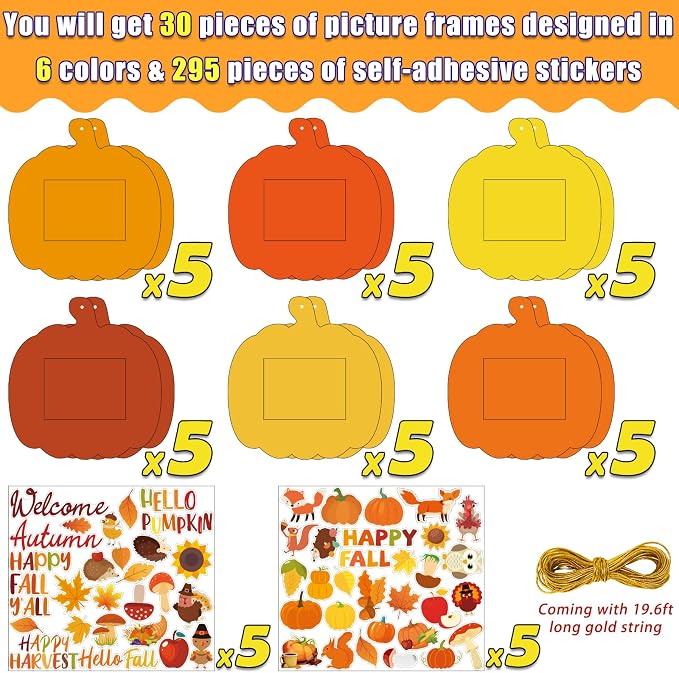 Kepeel 30 Packs Fall Picture Frame Craft Kit for Kids, Thanksgiving | Pumpkin-shaped fall picture frame crafts with autumn stickers for Thanksgiving classrooms, family activities and displays