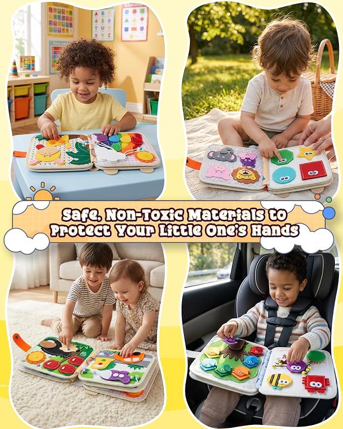 Montessori Busy Book for Toddlers, 8-Page Sensory Activity Book for Fine Motor Skills & Basic Dress Learning, Portable Travel Toy for Preschool Kids, Birthday Gift for Boys and Girls (Giraffe)