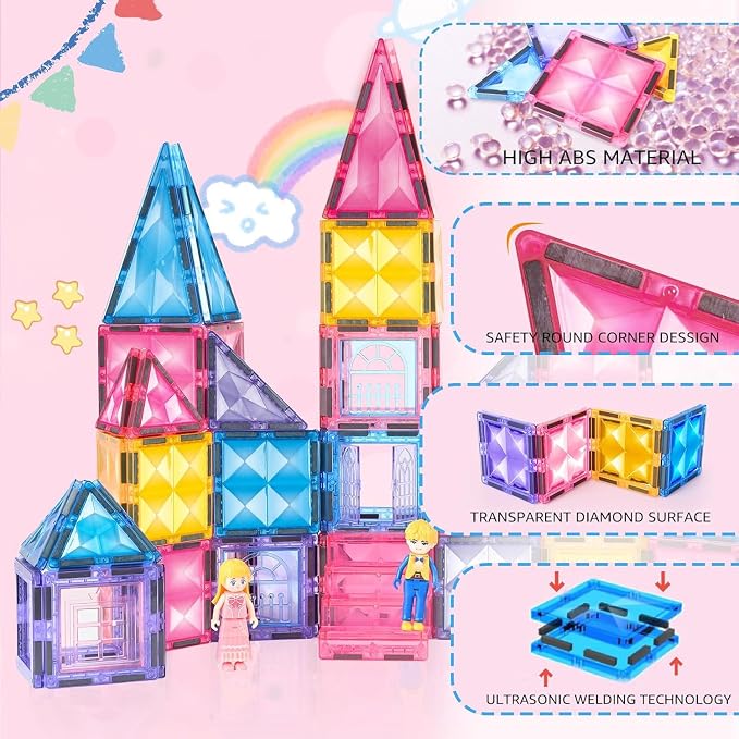 BENOKER Pink Castle Magnetic Tiles for Kids Ages 3-8, 3D STEM Toys with Sparkling Building Blocks, Creative Educational Gift for Boys and Girls, Preschool Learning Toys for Birthday | 58P sparkling pink castle magnetic tiles, creative educational gift ...