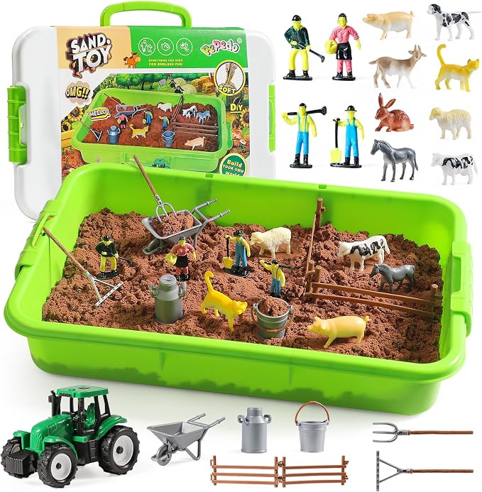 Farm Sensory Bin, 3.3lbs Magic Sand, Farm Play Sand Kit Toy for Kids | Farm Sensory Sand Kit with 8 Farm Animals, 4 Farmers, Fence, Toy Truck, Tools, Birthday Gift for Boys Girls Ages 3+