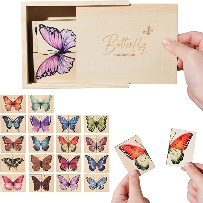Wooden Butterfly Matching Puzzle Game for Ages 3+, 38 Pcs with Storage Box, Montessori Nature Memory Game for Visual Discrimination & Fine Motor Skills, Birthday