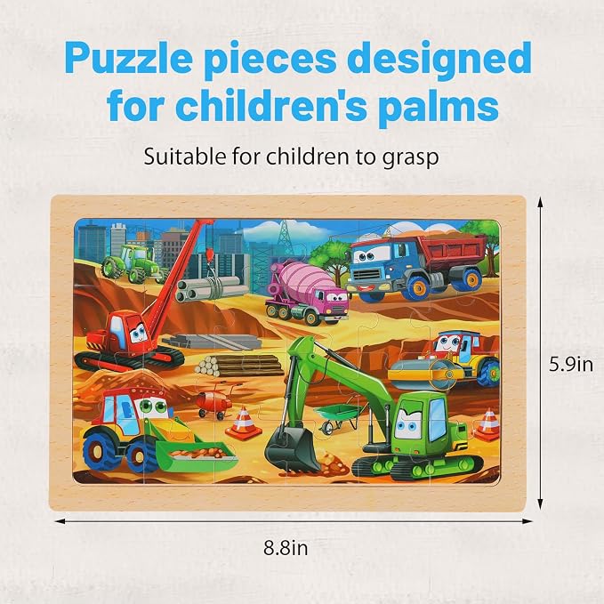 Puzzles for Kids Ages 4-6, 4-Pack 24-Piece Wooden Kids Puzzles | Construction Vehicle Themes | Educational Puzzles for Kids Ages 3-5, Age-Appropriate Learning Toys, Ages 3+