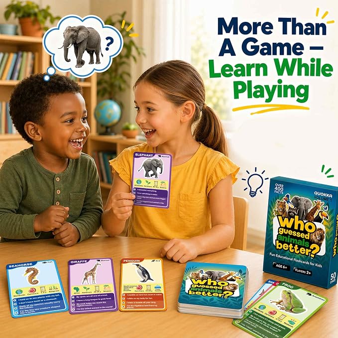 Quokka Who Guess It Better Animals Volume 1 – Educational Game with Visual Clues, Animal Discovery Card Set, 50 Cards, Screen-Free Travel Game for Kids Ages 6+