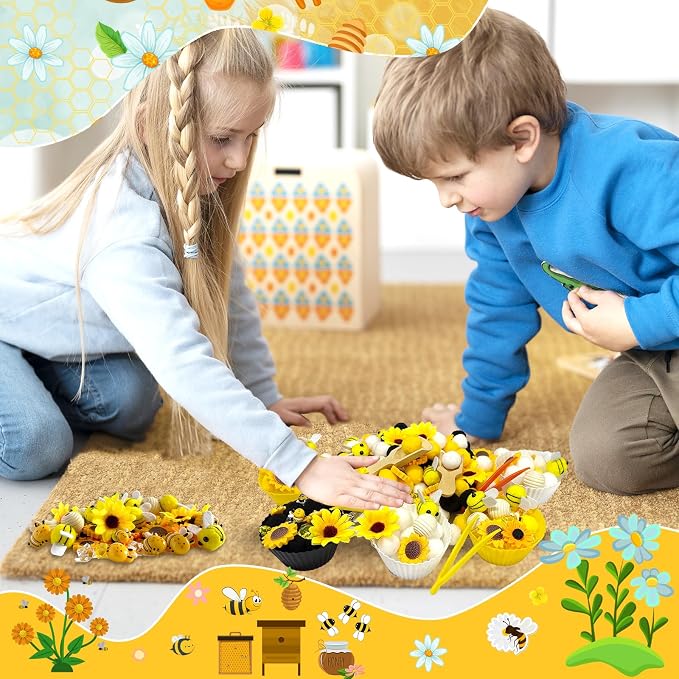 196Pcs Sensory Bin Filler, Fine Motor Toys Bee Themed Sensory Bin Items Counting Sorting Toy Colorful Pom Poms Cup Bee Honeycomb Wooden Scoop for Preschool Education Activities