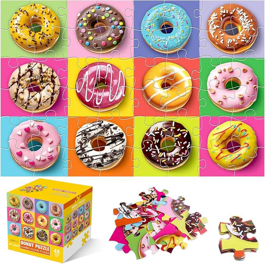 Jumbo Floor Puzzle for Kids,48 Piece Colorful Donut Jigsaw Puzzle Ages 3-8 | Dessert-themed Donut Learning Puzzle,Extra-thick Cardboard,35x24 in Completed,Preschool Gift for Boys and Girls