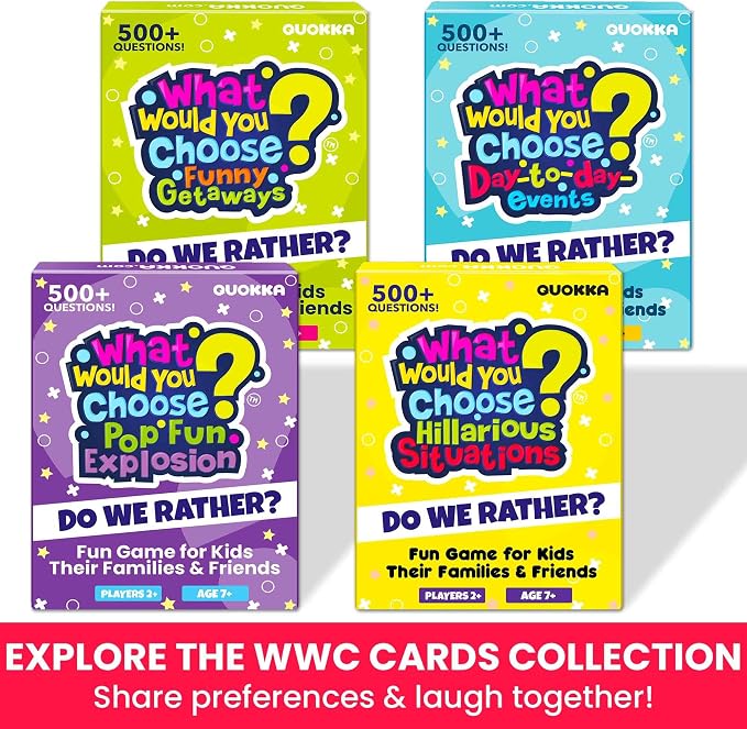 QUOKKA 4-Pack Card Game – 2000+ Hilarious Questions – Funny Family & Party Board Games for Kids, Teens, Adults – Travel, Pop Culture, Daily Life & Situations – What Would You Choose Challenges Ages 8+