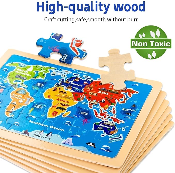 Wooden Puzzles for Toddlers 3-5,6 in 1 Jigsaw Wooden Solar System Puzzles for Ages 4-6,Preschool Educational Brain Toys Birthday Gifts for Boys and Girls 2 4 3 5 Year Old（World Map）