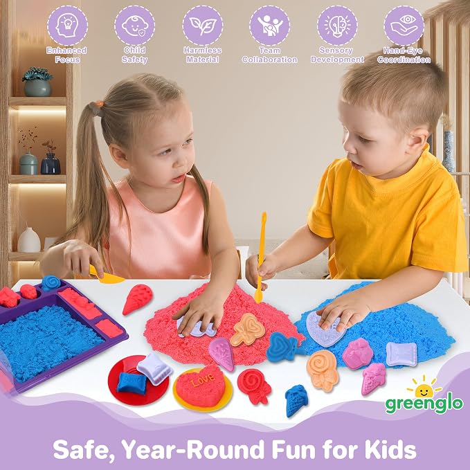 greenglo Sensory Sand Kit for Kids - 0.88 LBS with 12 Molds & Ice Cream Display Tray Sandbox - Kids' Sand Playset Ages 3-8 Creative Sensory Bin Play