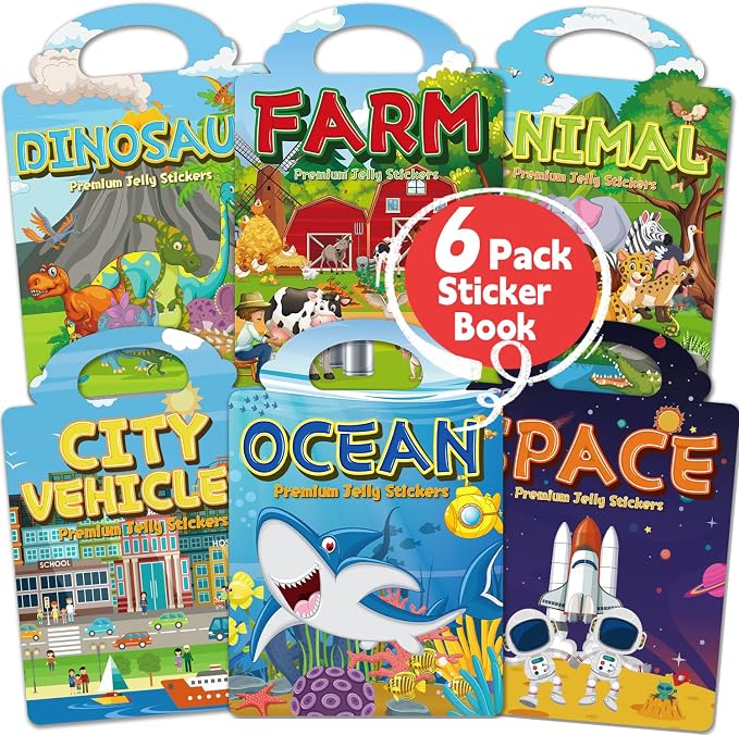 6 Sets Reusable Sticker Book for Toddlers 3-6, Jelly Sticker Books for Toddler, Travel Sticker Activity Toys for Kids 3 4 5 6 Years Old Girls & Boys