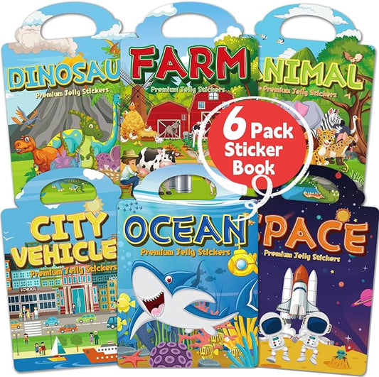 6 Sets Reusable Sticker Book for Toddlers 3-6, Jelly Sticker Books for Toddler, Travel Sticker Activity Toys for Kids 3 4 5 6 Years Old Girls & Boys