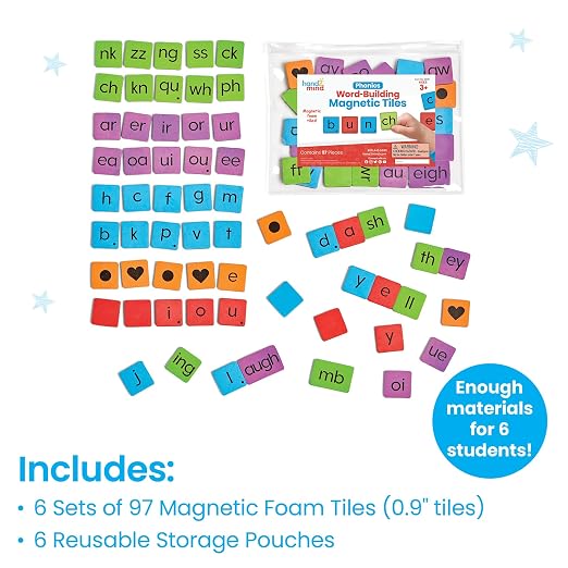 hand2mind Phonics Word-Building Magnetic Tiles, Recognition and Sound Learning for Kindergarten, Phonemic Awareness Manipulatives, Science of Reading Classroom Foam Materials, Set of 6