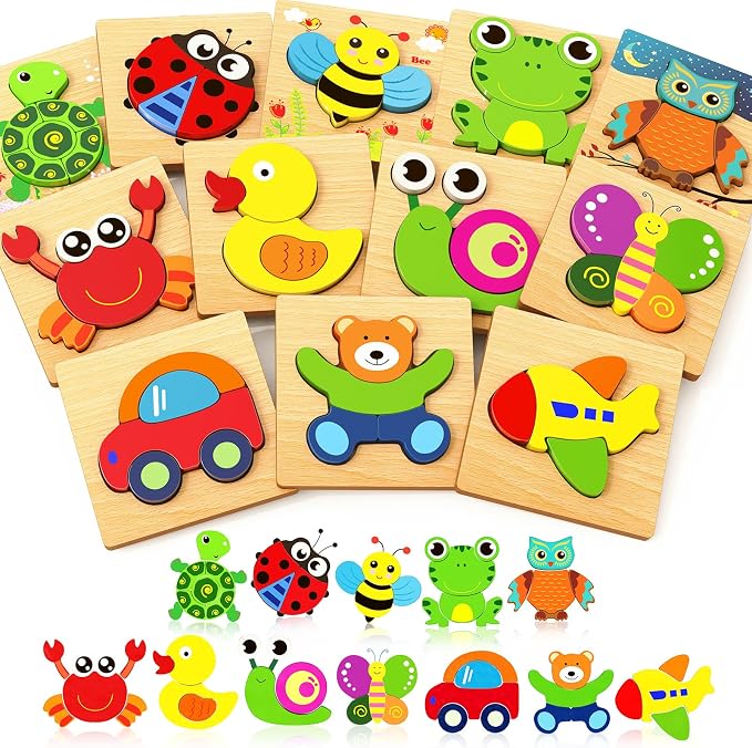 Bekayshad Wooden Puzzles for Toddlers 1-3, Montessori Toys for 1 2 Year Old | Toddler Puzzle, 1 2 Year Old Boy Girl Birthday Gifts, 12 Pack Animal Shape Jigsaw Puzzles, Learning Educational Preschool Toy