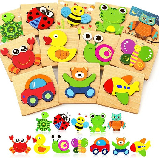 Bekayshad Wooden Puzzles for Toddlers 1-3, Montessori Toys for 1 2 Year Old | Toddler Puzzle, 1 2 Year Old Boy Girl Birthday Gifts, 12 Pack Animal Shape Jigsaw Puzzles, Learning Educational Preschool Toy