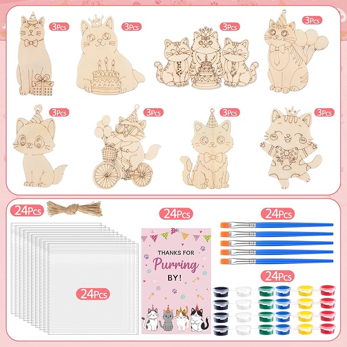 Saypacck 24 Pcs Cat Party Favors Wooden Paint Craft Kits | Cute Cat Designs, Includes Paints Brush Bag, For Girls Cowgirl Theme Goodie Bag Fillers, DIY Thank You Gifts