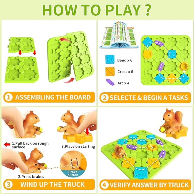 burgkidz Road Builder STEM Toys: 118 Challenges Board Games & Maze Puzzles | Squirrel Logic Track Building Blocks for Kids Ages 4 8 Montessori Educational Brain Teaser Birthday Gifts for Boys Girls