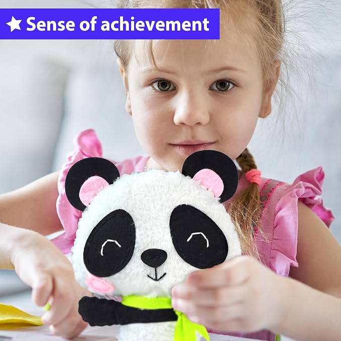 KRAFUN Panda Sewing Kit for Kids Ages 8-12 - No Scissors No Glue | Pre-cut & pre-punched felt. Child-safe needle included. Sew your own plush panda. Beginner craft gift for girls & boys