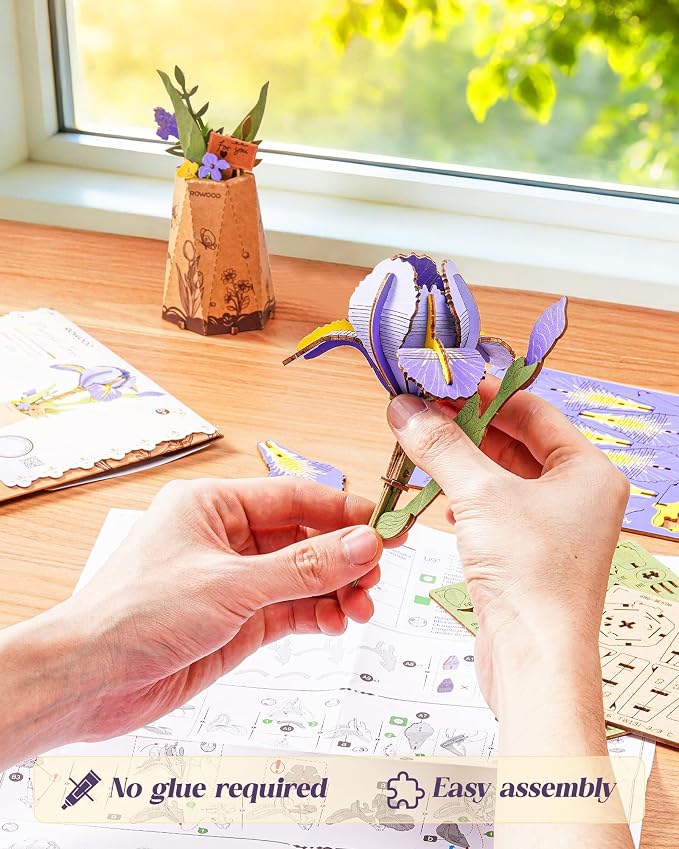Rowood 3D Puzzles for Adults,DIY Mother's Day Wooden Flower Building Set Craft Kits, Botannical Collection Home Decor,Christmas/Birthday/Valentine's Day Gift- Purple Iris