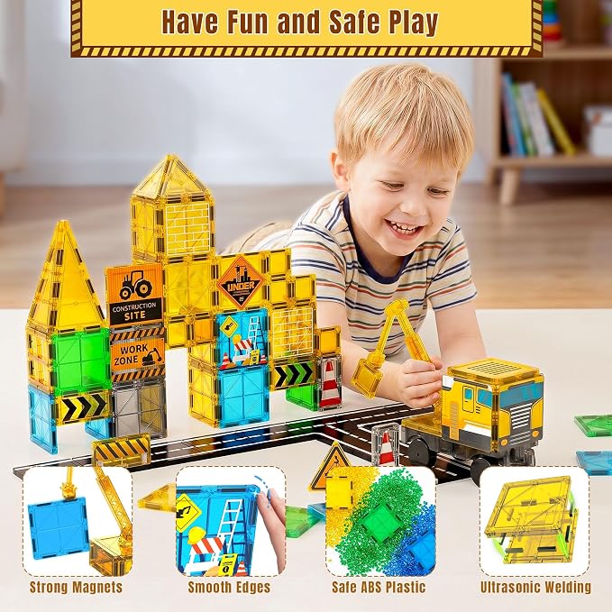 SKTMYY Magnetic Tiles for Kids, Construction Toys with Crane Road Truck | Magnets Building Blocks, Ages 3-5 4-8, Montessori Preschool Educational, STEM Toy, Birthday Gift for 3+ Years Old Boys