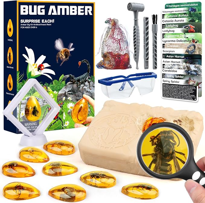 Woumserta Amber Dig Kits, Bugs Toys for Kids 5-7, 8 Insects Specimens Gifts | Fossil Dig Toys Bugs Science Kits for Bug Collection, Insect Toys for Boys Girls 5-7 8-12 Year Old Birthday Gifts