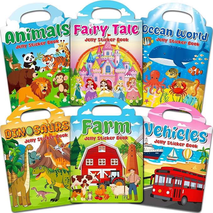6 Sets Reusable Sticker Books for Toddlers 2-4 Years, Jelly Sticker Book for Kids, Travel Stickers Activity Book Travel Toys for Toddlers