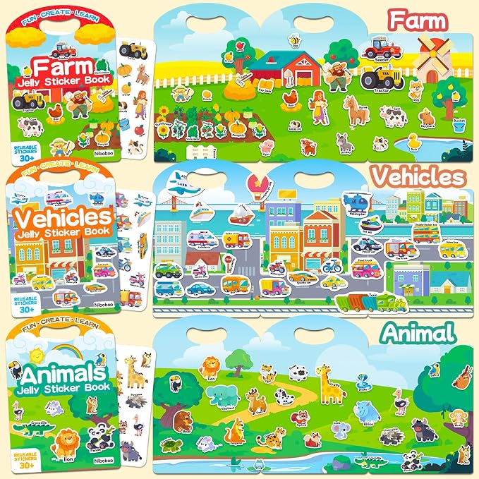 6 Pack Jelly Sticker Books for Toddlers, Reusable Sticker Books for Kids 3-6, Quiet Book for Ages 3+ Kids, Perfect Holiday & Birthday Gifts for Boys & Girls