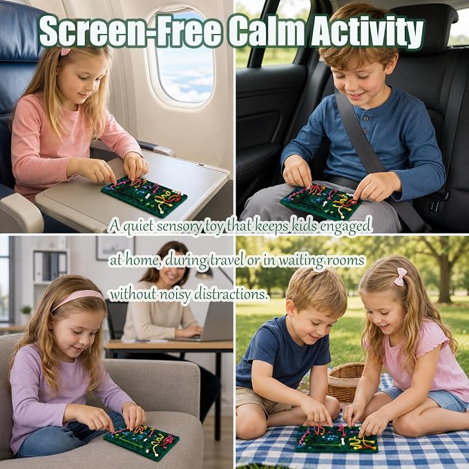 Sensory Activity Board, Sensory Fidget Toys for Kids Toddler, Sensory Toys for Silent, Calming, Focus, Stress Relief, ADHD & Autism, Airplane Travel Essentials Toys with Travel Bag & 12 Strings