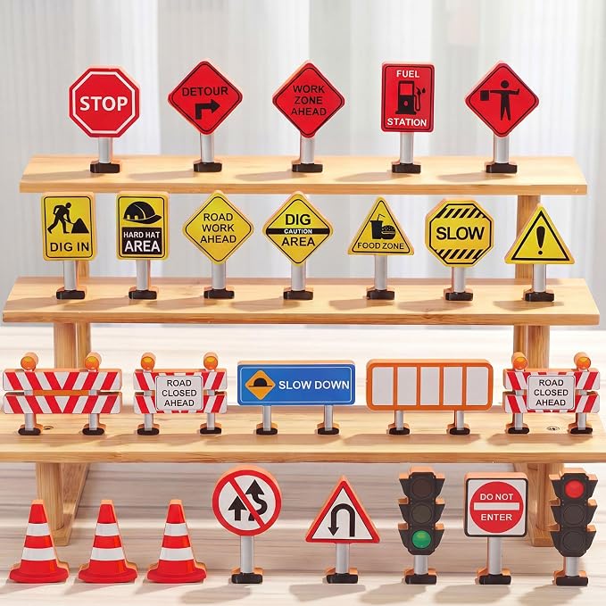 Blosssound 26 Pcs Wooden Toys for Preschool Classroom Construction Signals | Wooden Toys Set for Dramatic Play Center, Pretend Games for Kids Classroom, Educational Blocks