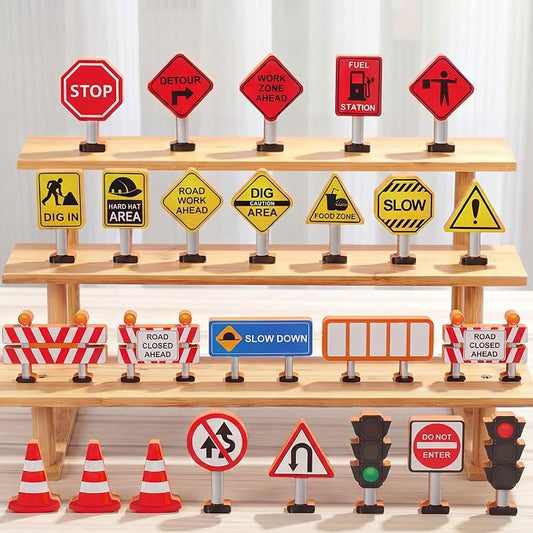Blosssound 26 Pcs Wooden Toys for Preschool Classroom Construction Signals | Wooden Toys Set for Dramatic Play Center, Pretend Games for Kids Classroom, Educational Blocks