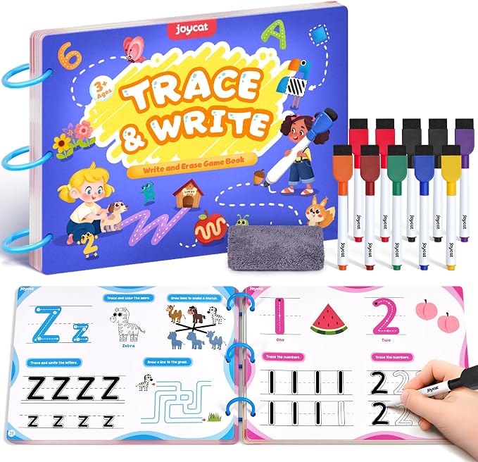 JoyCat Preschool Learning Activities 48 Reusable Pages for 3-8 | Handwriting Practice for Kids Toddlers, Tracing Letter Number Workbooks, Educational Autism Busy Book, Learning Gift Toys