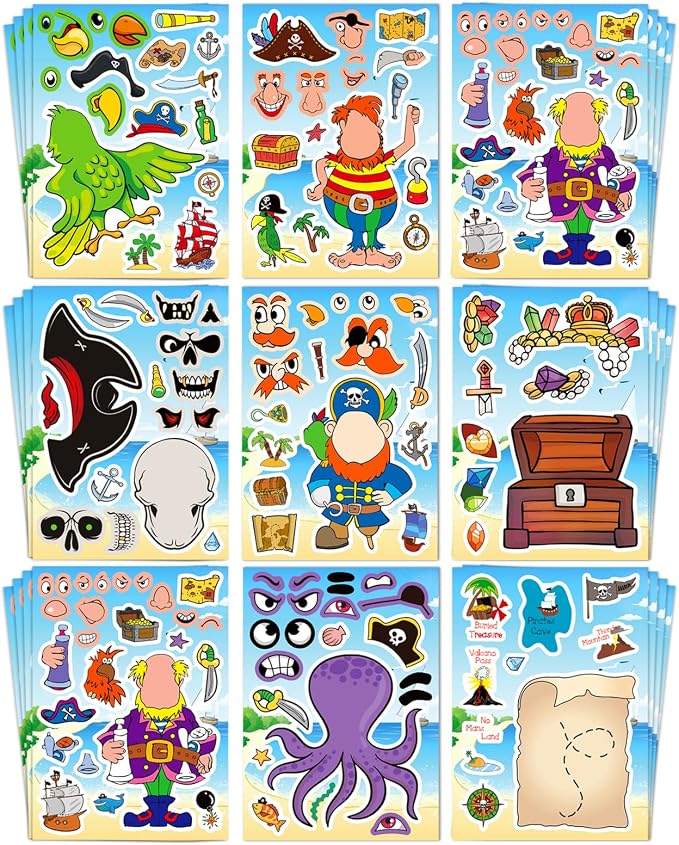Aowplc 32 Make Your Own Pirate Sticker Sheets for Kids | Pirate Party Favors, Birthday Decorations & Mix 'n Match Crafts