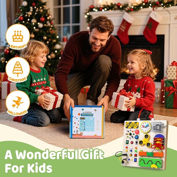 Busy Board Montessori Toys for 1 2 3 Years Old Toddler,Wooden Sensory Educational Fidget Board Toy with Led Light Up Switches & Music Boxes,Travel Toys for 1+ Year Old Boy & Girl Birthday Gift