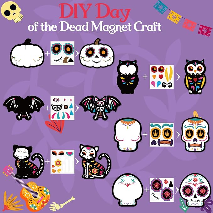 Haooryx Day of The Dead Sugar Skull DIY Magnet Stickers Paper Craft Kit | 30 Set Make Your Own Dia de Los Muertos Art Craft, Halloween Mexican Festival Party Gift, Bulletin Board Refrigerator Decor