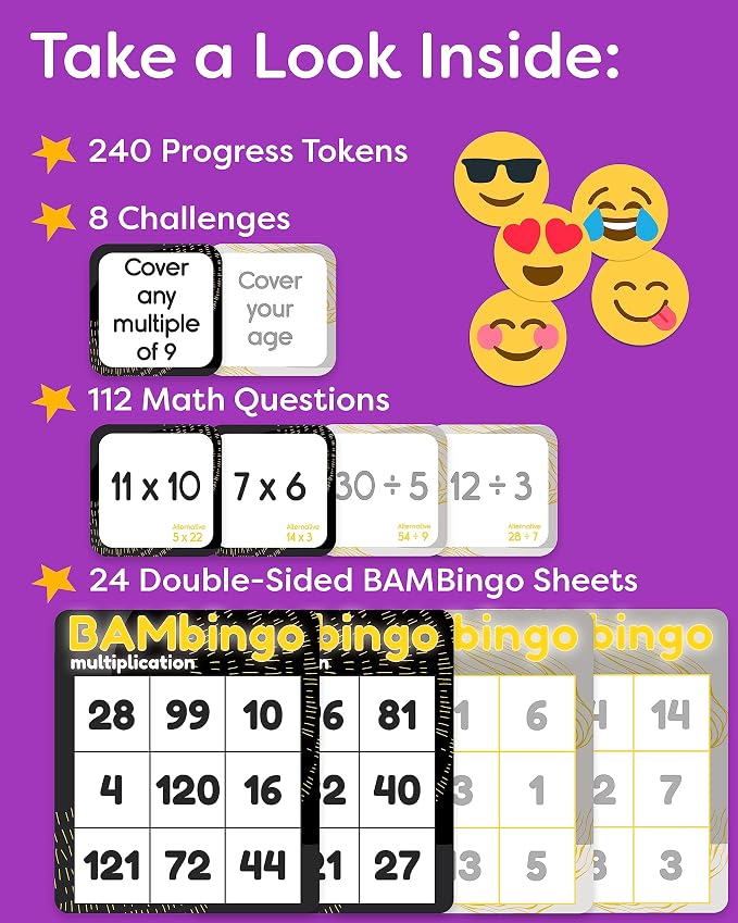 THE BAMBINO TREE Multiplication and Division Facts Bingo Game - 3rd 4th & 5th Grade Educational Math Learning for Classroom & Homeschool