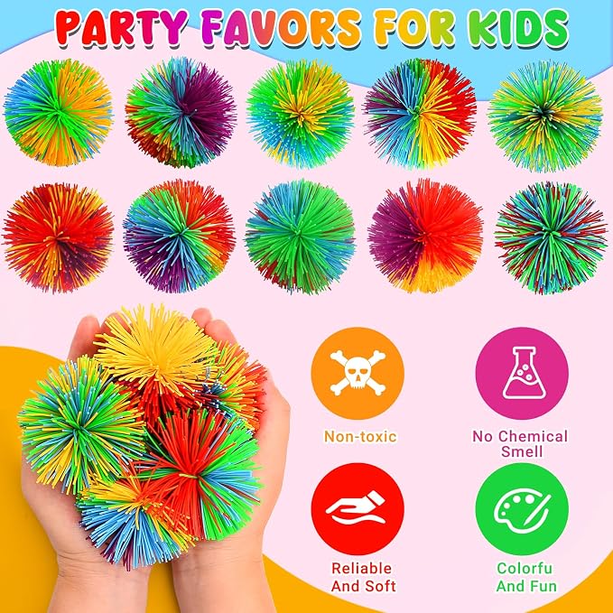 SHQDD 14 PCS Stringy Balls, Sensory Stringy Ball, 2.75 inch Soft Rainbow Pom Bouncy, Basket Stuffers Fillers, Monkey Pom Balls Fidget Toys Stress Ball, Party Favors Birthday Gifts (Multi-Color)