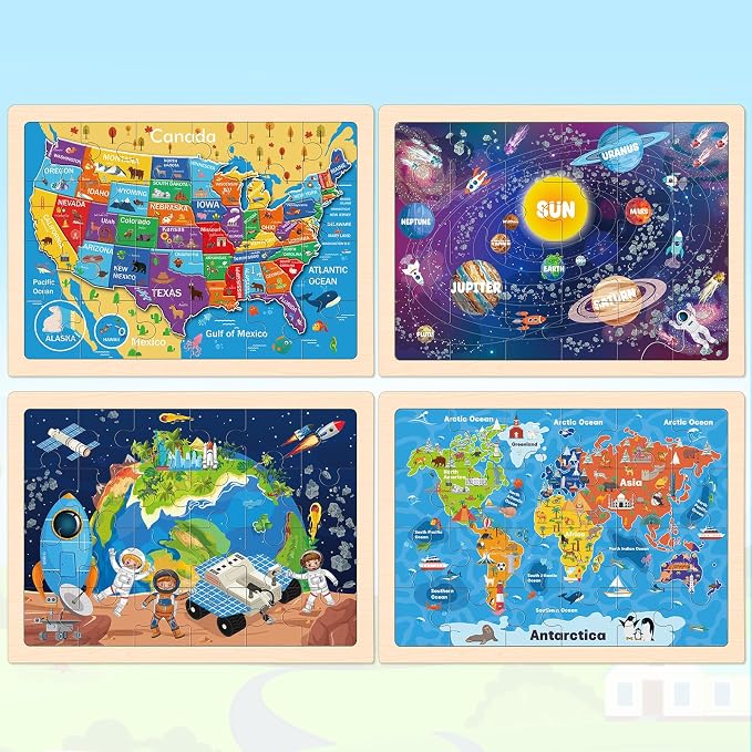 4-Pack Wooden Puzzles for Kids Ages 3-5, 24-Piece Geography Space Set | Toddler Puzzles Ages 3-5, Preschool Puzzles with Wooden Jigsaw Boards for Fine Motor Skills, Shape Recognition and Travel