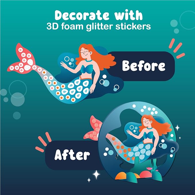 BINCA Foam Sticker Mosaic Art Activity, 750+ 3D Glitter Foam Stickers, 5 Underwater Animals with Display Arch, DIY Mess-Free Activity, Gifts for Boys & Girls Ages 5,6,7,8