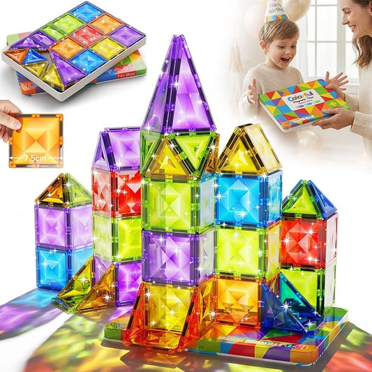 Large Diamond Magnetic Building Tiles: 48 PCS Deluxe 3D Play Blocks | 3x Sparkling Transparent Cut - 7.5cm Big Size STEM Sensory Toy with Tin Box Storage Organizer for Toddlers Age 3-6 Birthday