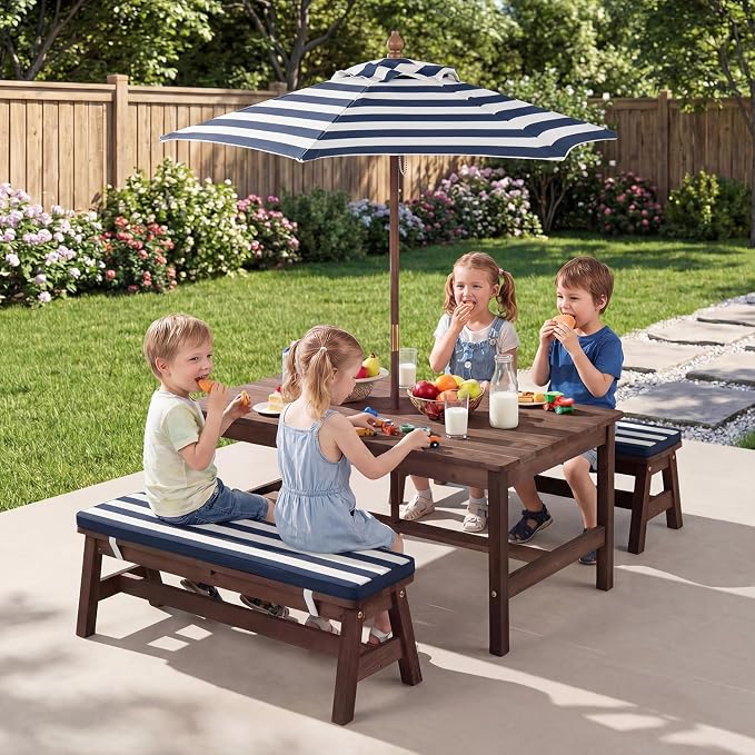 Costzon Kids Picnic Table, Fir Wood Toddler Outdoor Table & Bench Set w/Removable Umbrella & Cushions, Stripe Fabric, Kids Outdoor Furniture for Patio Backyard Garden, Fits 4 Children Age 3+ (Blue)
