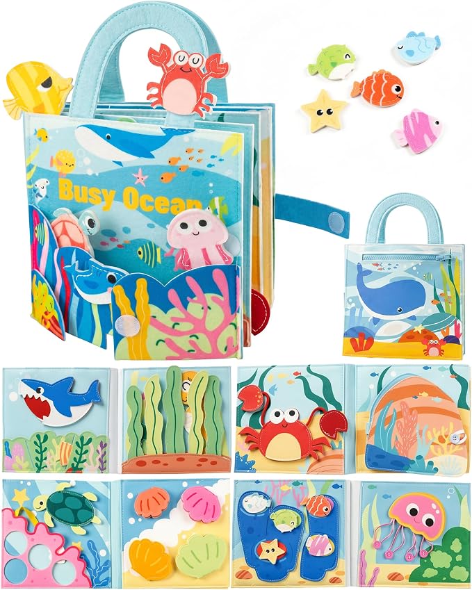 Montessori Busy Book for Toddlers, 8-Page Sensory Activity Book for Fine Motor Skills & Basic Dress Learning, Portable Travel Toy for Preschool Kids, Birthday Gift for Boys and Girls (Sea animals)
