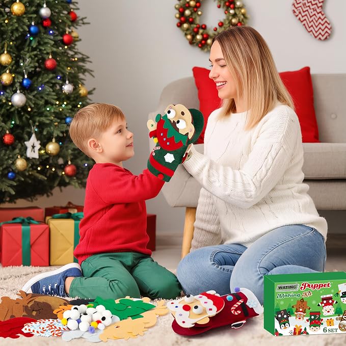 WATINC Hand Puppet Making Kit, Felt Sock Puppet Toys for Kids (Christmas) | 6 Styles, Make Your Own Storytelling & Role Play Crafts, Creative Group Activity, Party Favors & Gifts for Kids Ages 4-8