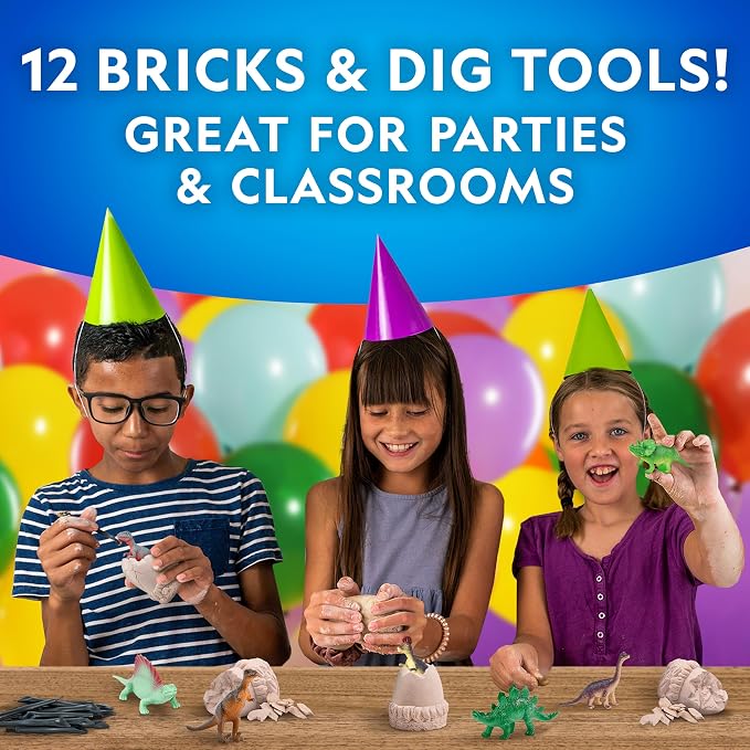 National Geographic Dinosaur Dig Kit with 12 Dino Eggs for Kids | 12 Dino-Shaped Dig Bricks, Dinosaur Figures Inside, Excavation Tools, Party Activity, Fossil Discovery, Birthday Gift