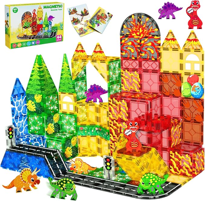 Magnetic Tiles with 4 Dinosaur Toys - Dino Magnet Tiles for Kids, Magnetic Building Blocks for Boys Girls Ages 3+, Sensory Toddler Creative Games Birthdays Gifts