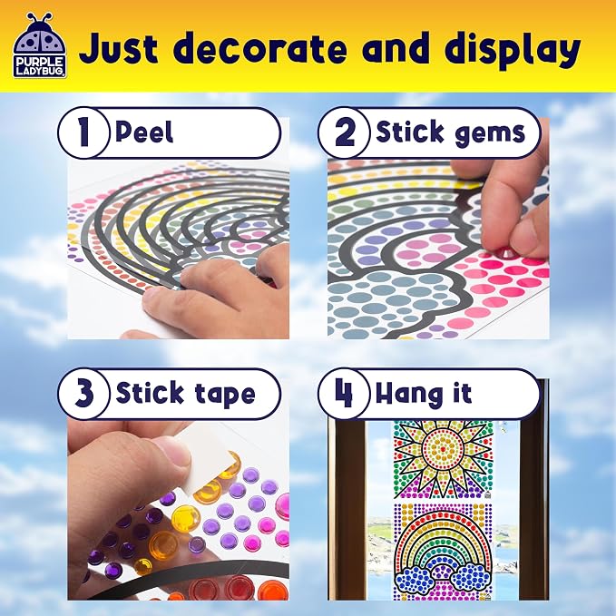 SunGemmers Suncatcher Kits for Kids, No Mess Crafts for 5 Year Old Girls | 2 Designs, Hundreds of Peel & Stick Colorful Gems, Hand-Eye Coordination, Screen-Free Activity, Gift for 6 Year Old Girl